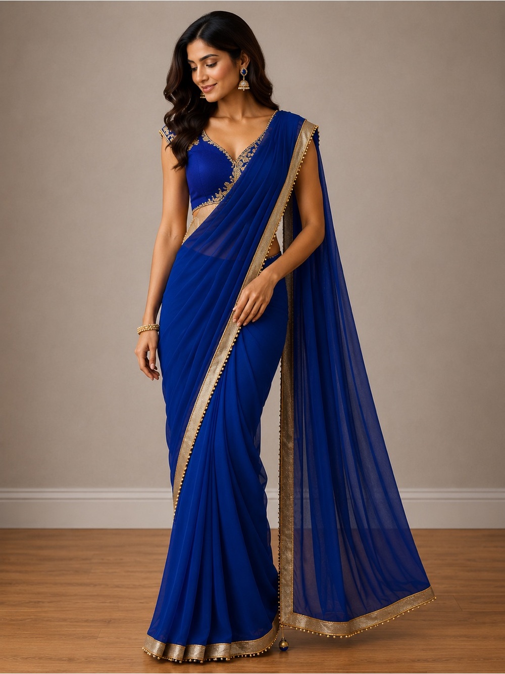 Elegant Royal Blue Saree with Gold Trim